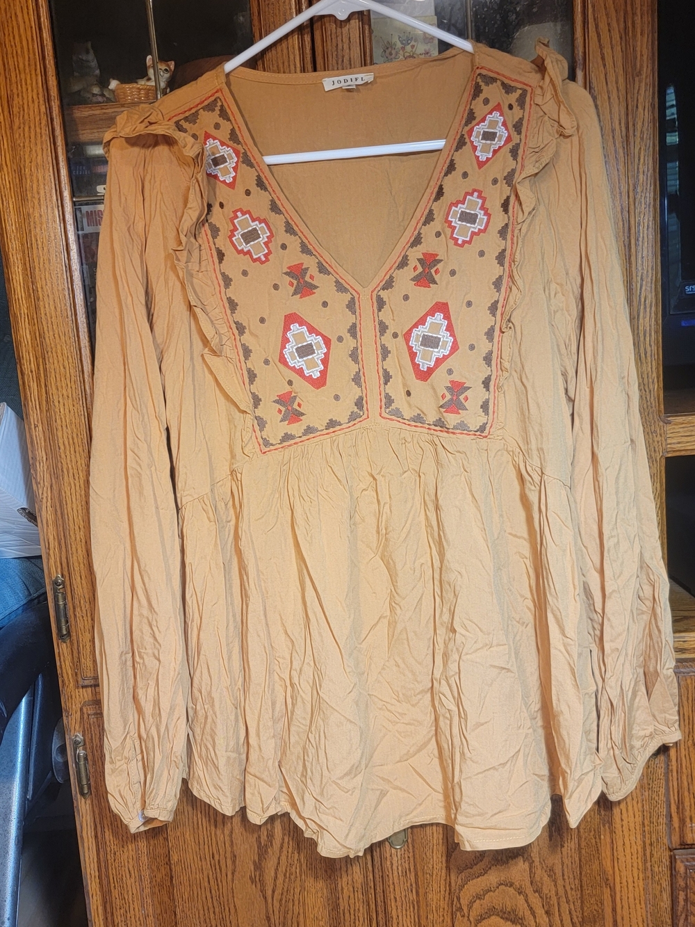 JODIFL Mustard Embroidered V-Neck Ruffle Peasant Blouse Size Medium